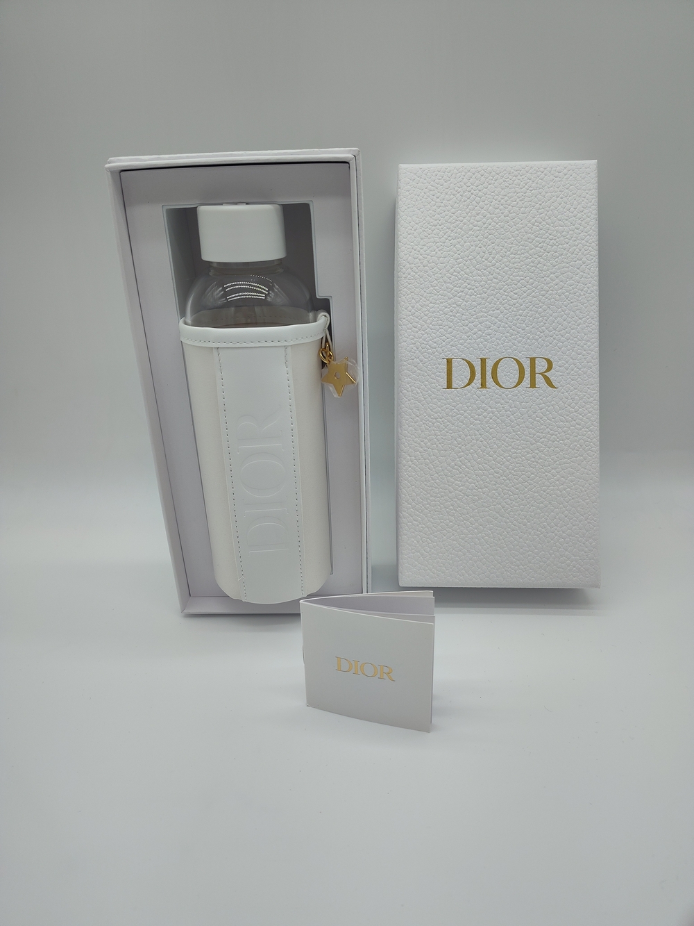 DIOR Exclusive Travel Water Bottle White Holder Gold Star Charm Gift Box NIB
